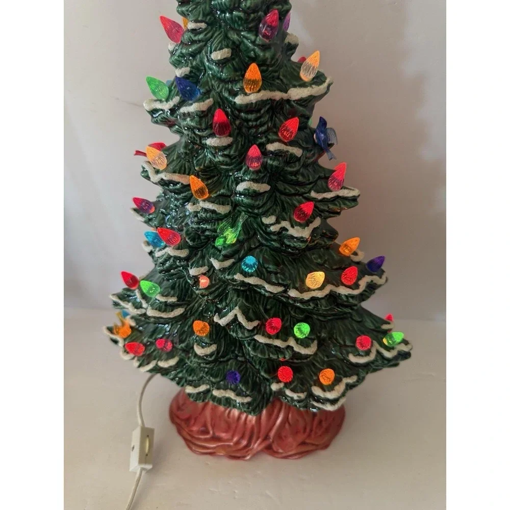 Vintage 1987 Lighted Ceramic Christmas Tree Snow Flocked Multi Color Bird Bulbs